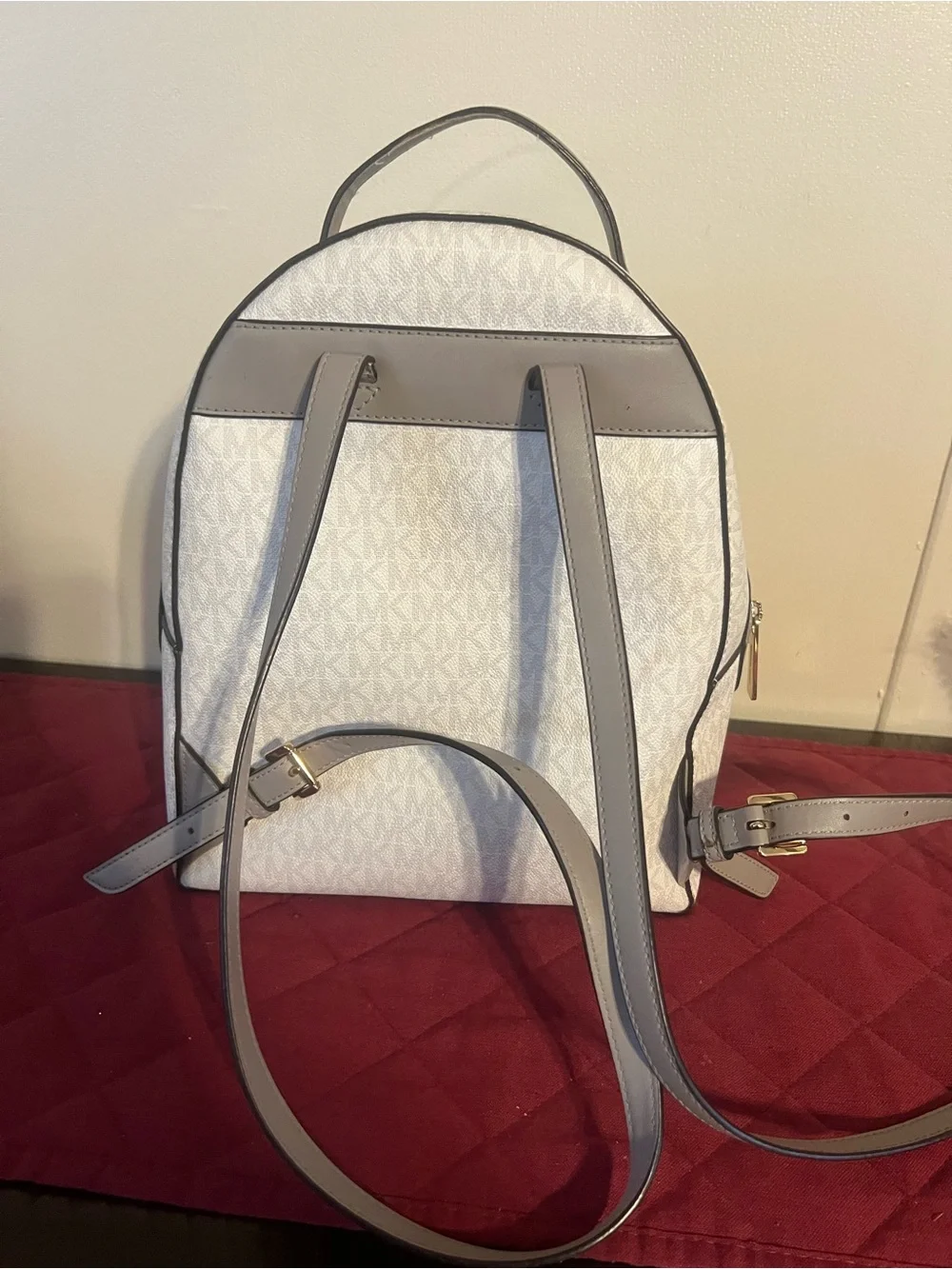 Michael Kors White Logo Backpack with Taupe Trim and Gold Hardware